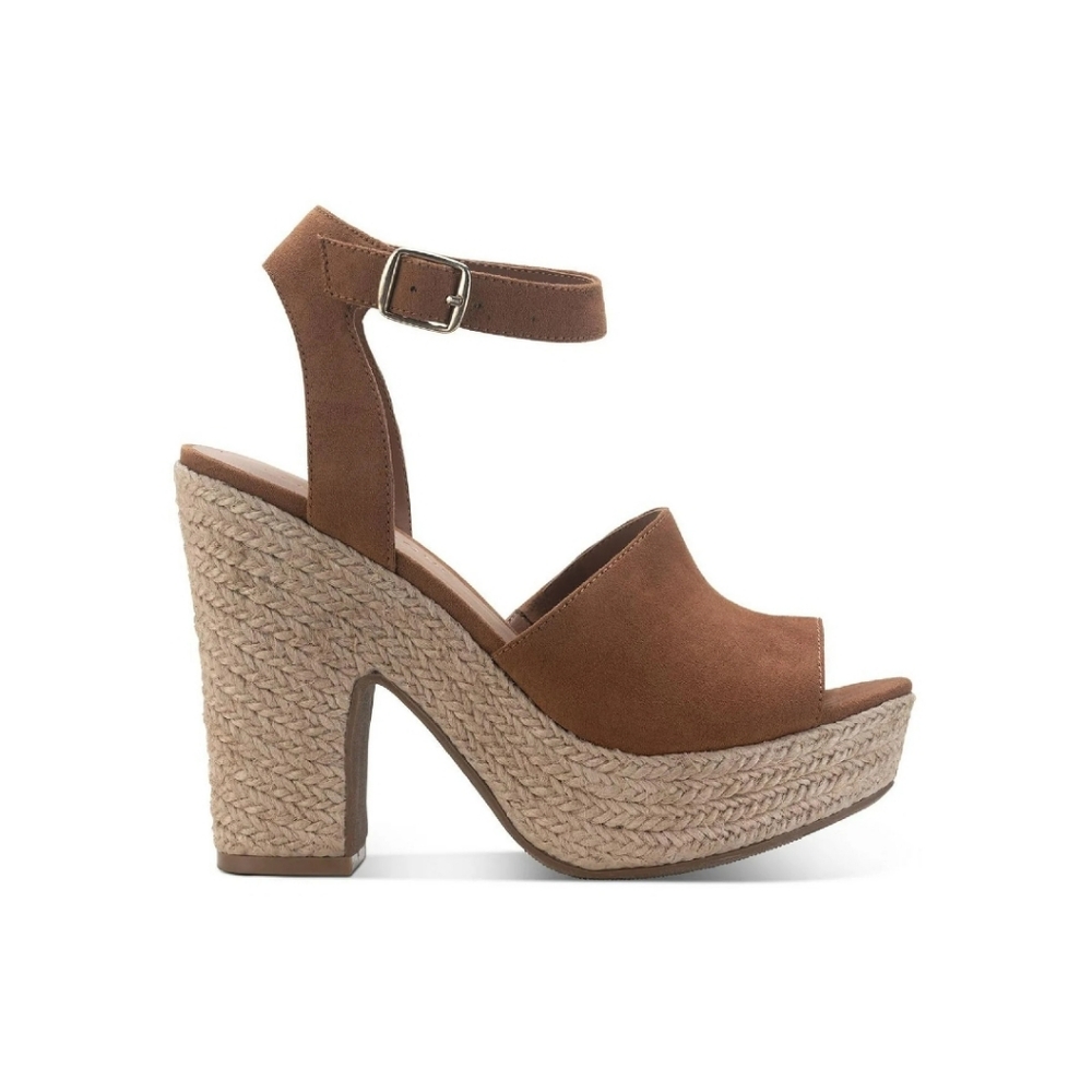 Sun + Stone Fey Platform Ankle Strap Espadrille Block Heel Sandal in Cognac